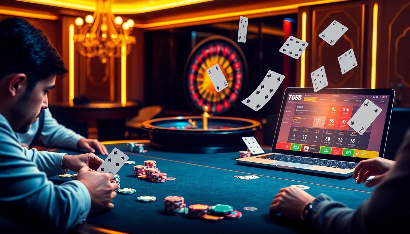 Players engaging at the TG88 casino poker table, showcasing intense competition and vibrant gaming elements.