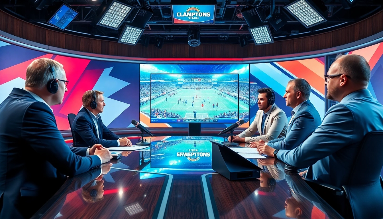 Engaging sports broadcasting studio scene with analysts discussing live footage dynamically.