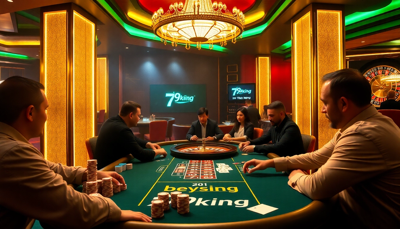 Experience the excitement of 79king with players engaging in high-stakes poker while surrounded by luxury casino elements.