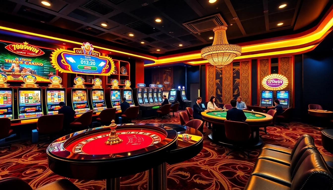 Engage in thrilling gameplay at 789win showcasing vibrant slot machines and poker tables.