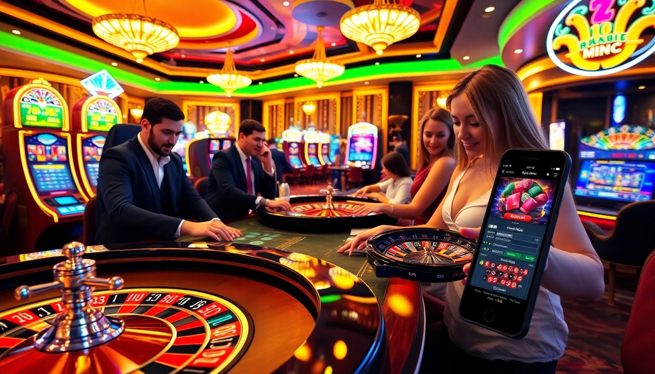 Experience the thrill of gaming at mm88 com with a vibrant casino scene showcasing roulette and slot machines.