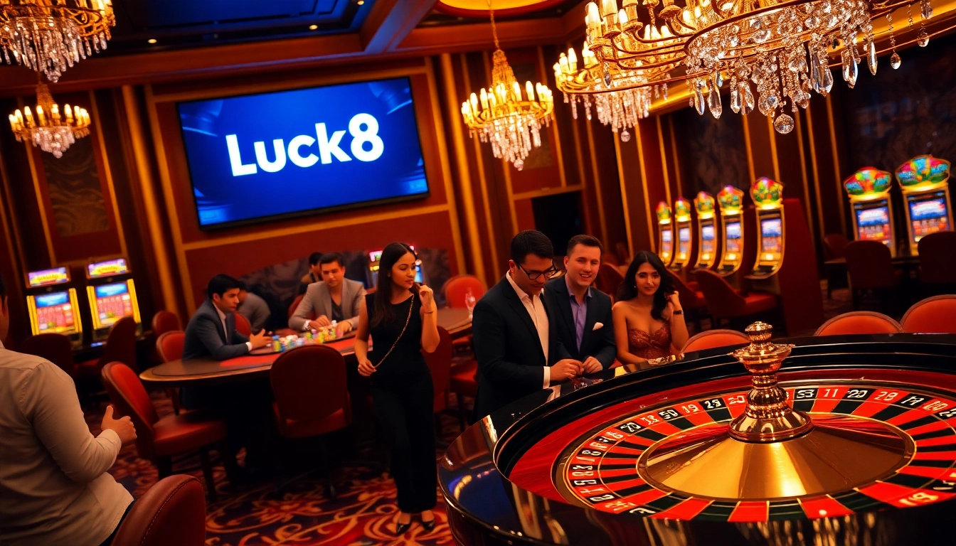Luck8 online casino scene with roulette table, excited players, and stylish decor.
