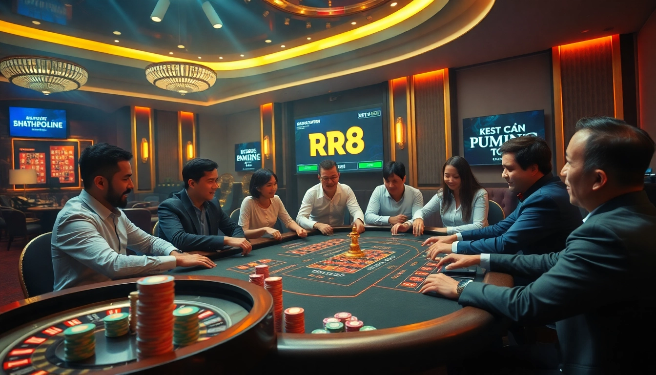 Players enjoying a thrilling game at nhà cái rr88’s poker table in a luxurious casino atmosphere.