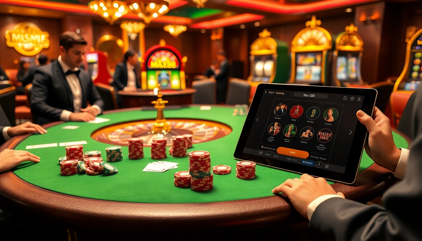 Experience the thrill of Max88 through an upscale casino scene featuring poker, roulette, and slot machines.