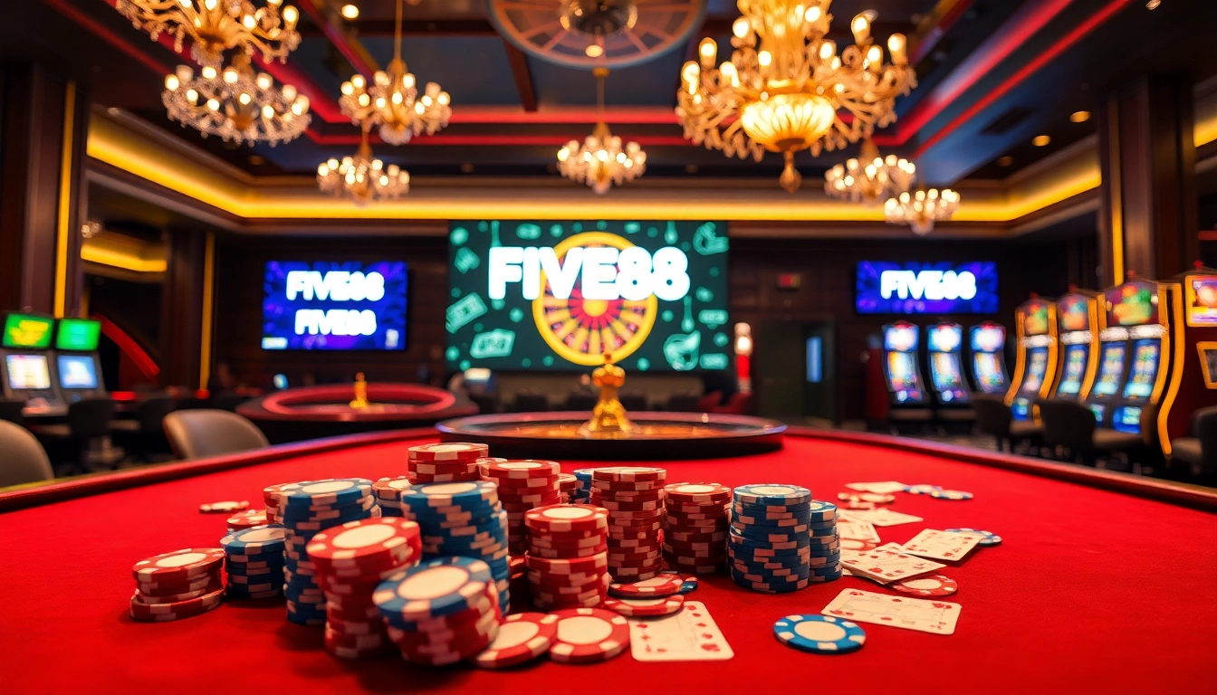 Engage in exciting poker action at FIVE88 with vibrant chips and cards on a luxurious casino table.