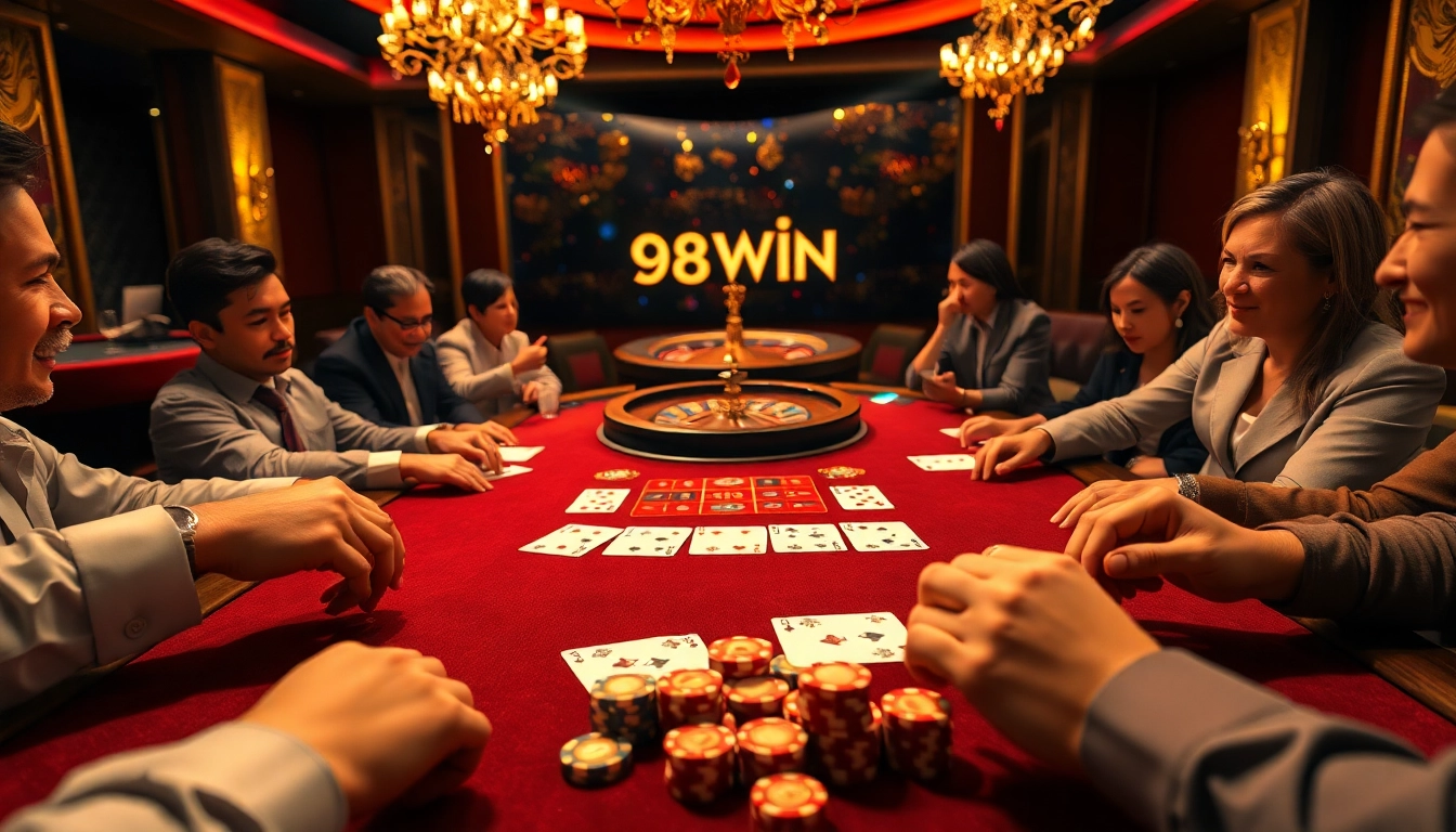 Engaged players at a 98WIN casino poker table showcasing vibrant chips and cards in a luxurious atmosphere.