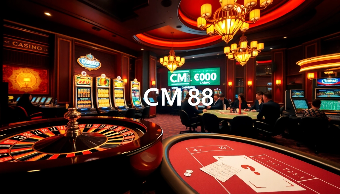 Exciting casino scene showcasing CM88 with roulette, poker, and slot machines.