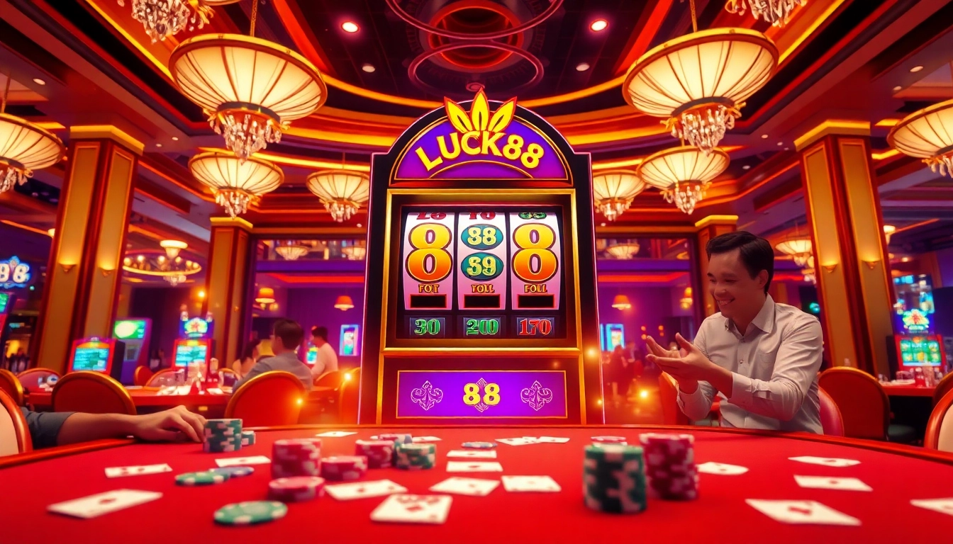 Players enjoying the Lucky88 slot machine in a vibrant casino setting, surrounded by excitement.