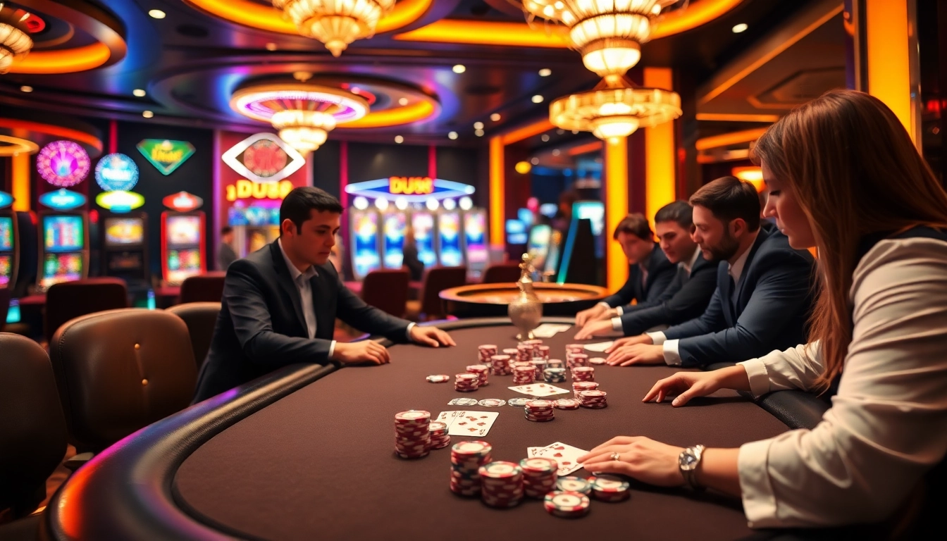 Engage with the thrilling atmosphere of https://du88.cx/ at a modern casino table featuring poker chips and excited players.