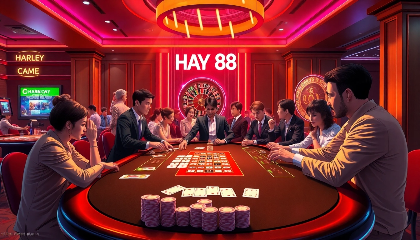Experience HAY 88 excitement with players at a luxurious casino table filled with chips and cards.